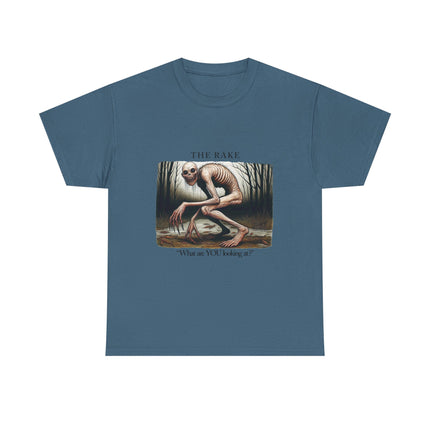 This indigo blue unisex graphic tee features the cryptid "the rake" in a hunched over position looking at the viewer and asking "What are YOU looking at?" 
