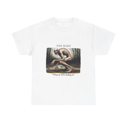 This white unisex graphic tee features the cryptid "the rake" in a hunched over position looking at the viewer and asking "What are YOU looking at?" 