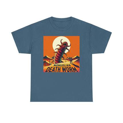 Mongolian death worm coming up from the sand in front of the sun all in orange tones. T-shirt is grayish blue