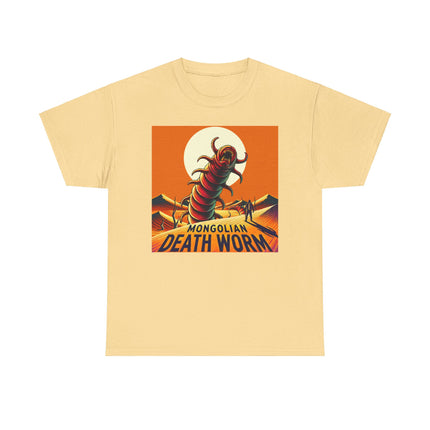 Mongolian death worm coming up from the sand in front of the sun all in orange tones. T-shirt is light yellow