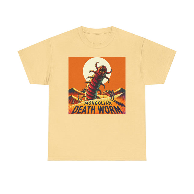 Mongolian death worm coming up from the sand in front of the sun all in orange tones. T-shirt is light yellow