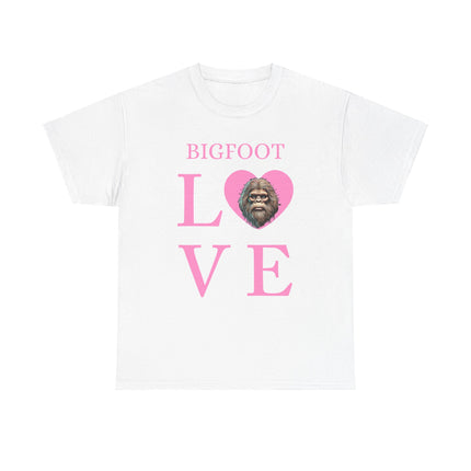 This tee features pink writing of the word "bigfoot" and under the word is the letter L then a heart with bigfoots face, and then V and E. This tee is white