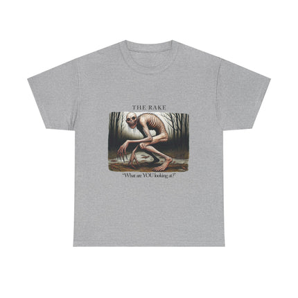 This gray unisex graphic tee features the cryptid "the rake" in a hunched over position looking at the viewer and asking "What are YOU looking at?" 