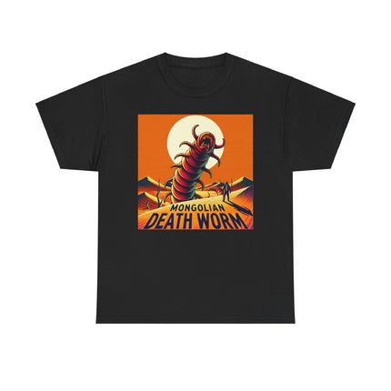 Mongolian death worm coming up from the sand in front of the sun all in orange tones. T-shirt is black