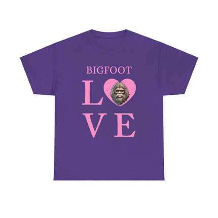 This tee features pink writing of the word "bigfoot" and under the word is the letter L then a heart with bigfoots face, and then V and E. This tee is purple