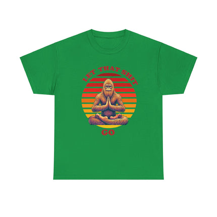 This tee depicts bigfoot sitting in front of a broken up circle in which the parts of the circle are in different shades of red, orange and yellow. The words "Let That Shit Go" is written in the same shade as the top part of the circle. This tee is bright green