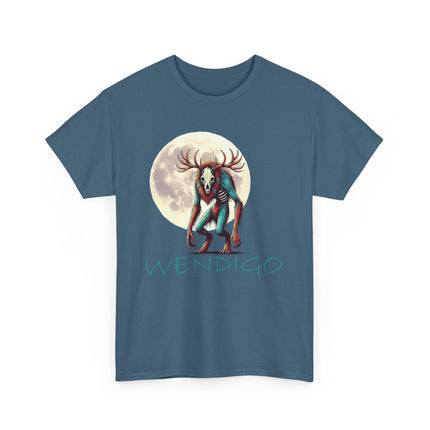 The Wendigo standing in front of, and to the side of, the moon. The word Wendigo is underneath him and is a teal color which matches the teal color in him. This shirts color is blue gray