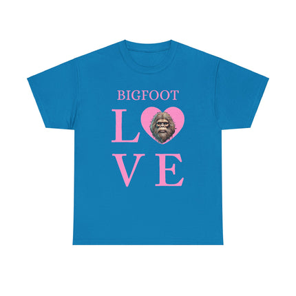 This tee features pink writing of the word "bigfoot" and under the word is the letter L then a heart with bigfoots face, and then V and E. This tee is ocean blue