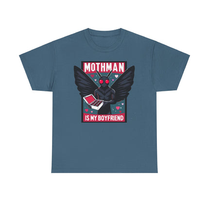 This tee depicts a square picture of Mothman standing between the words "Mothman is my boyfriend" and Mothman is holding a box of chocolates. This tee is blu gray