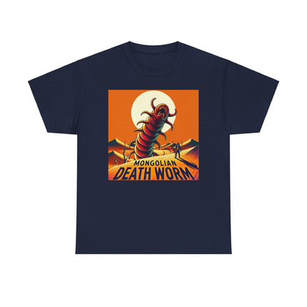 Mongolian death worm coming up from the sand in front of the sun all in orange tones. T-shirt is black