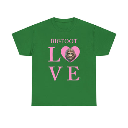 This tee features pink writing of the word "bigfoot" and under the word is the letter L then a heart with bigfoots face, and then V and E. This tee is bright green