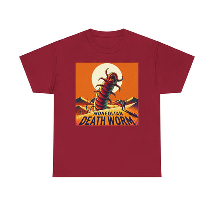 Mongolian death worm coming up from the sand in front of the sun all in orange tones. T-shirt is red