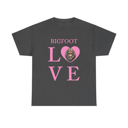 This tee features pink writing of the word "bigfoot" and under the word is the letter L then a heart with bigfoots face, and then V and E. This tee is gray