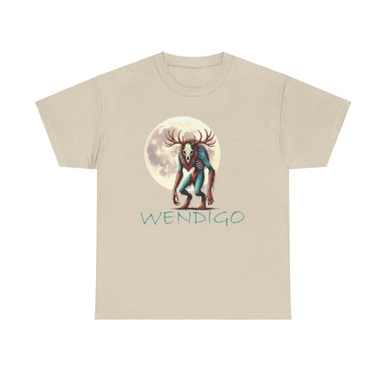 The Wendigo standing in front of, and to the side of, the moon. The word Wendigo is underneath him and is a teal color which matches the teal color in him. This shirts color is neutral