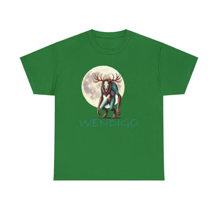 The Wendigo standing in front of, and to the side of, the moon. The word Wendigo is underneath him and is a teal color which matches the teal color in him. This shirts color is green