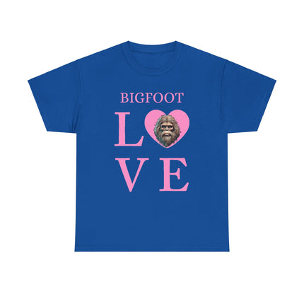 This tee features pink writing of the word "bigfoot" and under the word is the letter L then a heart with bigfoots face, and then V and E. This tee is dark blue