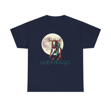 The Wendigo standing in front of, and to the side of, the moon. The word Wendigo is underneath him and is a teal color which matches the teal color in him. This shirts color is navy