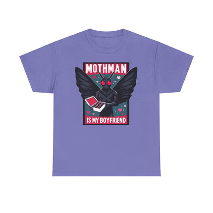 This tee depicts a square picture of Mothman standing between the words "Mothman is my boyfriend" and Mothman is holding a box of chocolates. This tee is purple