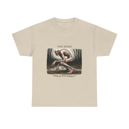 This neutral unisex graphic tee features the cryptid "the rake" in a hunched over position looking at the viewer and asking "What are YOU looking at?" 
