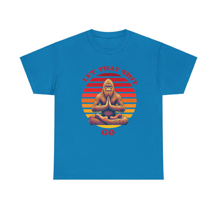 This tee depicts bigfoot sitting in front of a broken up circle in which the parts of the circle are in different shades of red, orange and yellow. The words "Let That Shit Go" is written in the same shade as the top part of the circle. This tee is brilliant blue