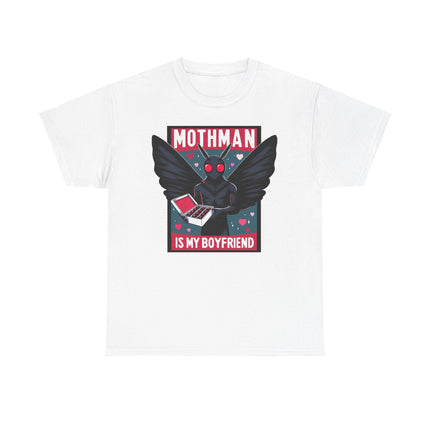 This tee depicts a square picture of Mothman standing between the words "Mothman is my boyfriend" and Mothman is holding a box of chocolates. This tee is whit