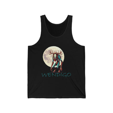 on this tank top, the wendigo is standing in front of a full moon. Black. The word "Wendigo" is in teal.