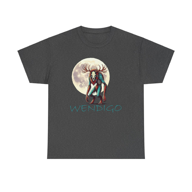 The Wendigo standing in front of, and to the side of, the moon. The word Wendigo is underneath him and is a teal color which matches the teal color in him. This shirts color is gray