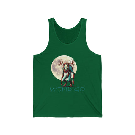 on this tank top, the wendigo is standing in front of a full moon. Green. The word "Wendigo" is in teal.