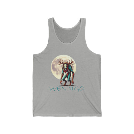 On this tank top, the wendigo is standing in front of a full moon. Gray. The word "Wendigo" is in teal.