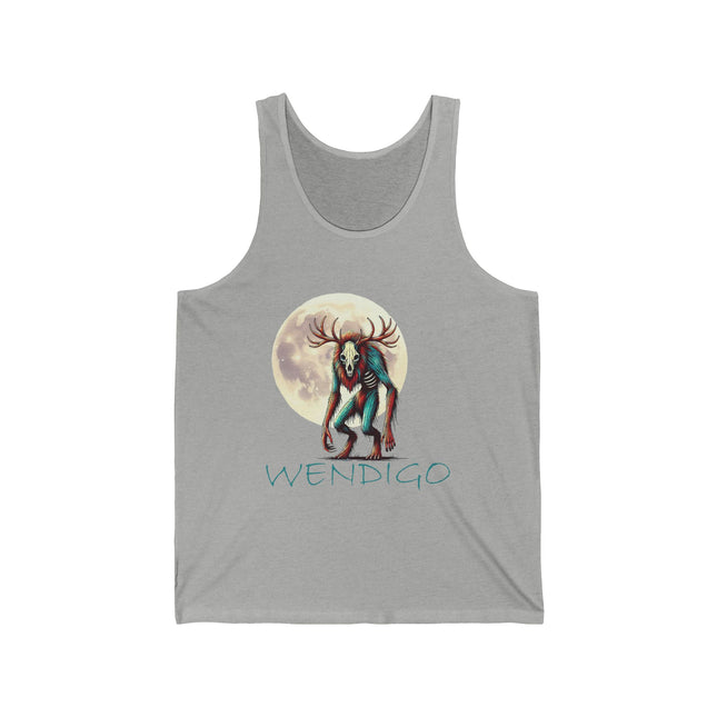 On this tank top, the wendigo is standing in front of a full moon. Gray. The word "Wendigo" is in teal.