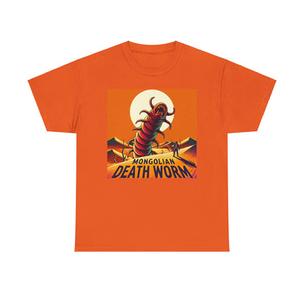 Mongolian death worm coming up from the sand in front of the sun all in orange tones. T-shirt is same color orange as design