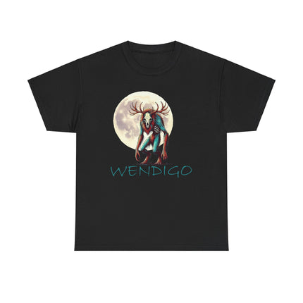 The Wendigo standing in front of, and to the side of, the moon. The word Wendigo is underneath him and is a teal color which matches the teal color in him. This shirts color is black