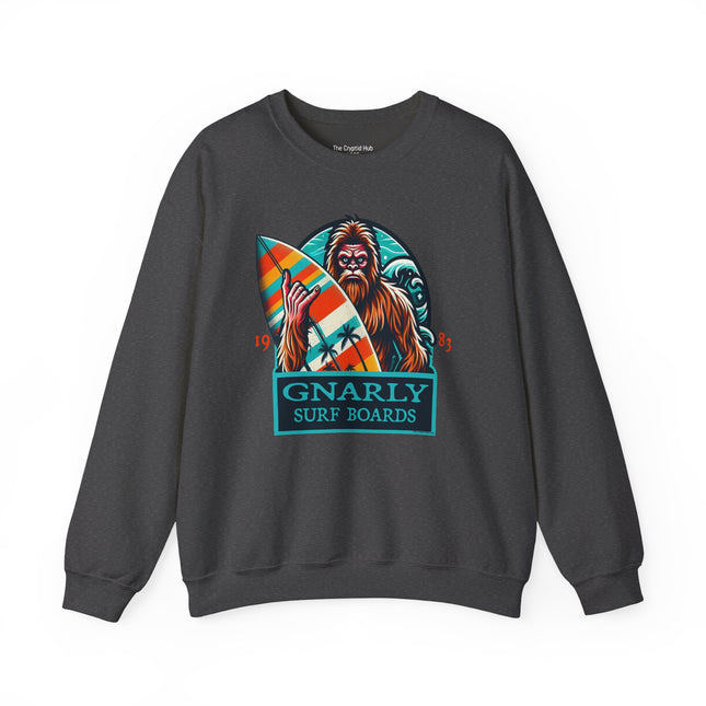 Bigfoot Surfing Sweatshirt – Quirky Outdoor Adventure Apparel for Cryptid Fans