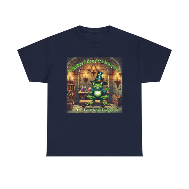 This unisex navy blue graphic tee has the loveland ohio frogman, a cryptid, on it and hes in a magicians hat and hes holding a wand in his alchemy room and the saying is "Make magic happen!"  