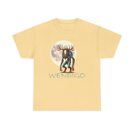 The Wendigo standing in front of, and to the side of, the moon. The word Wendigo is underneath him and is a teal color which matches the teal color in him. This shirts color is light yellow