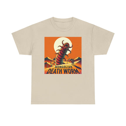 Mongolian death worm coming up from the sand in front of the sun all in orange tones. T-shirt is nutral