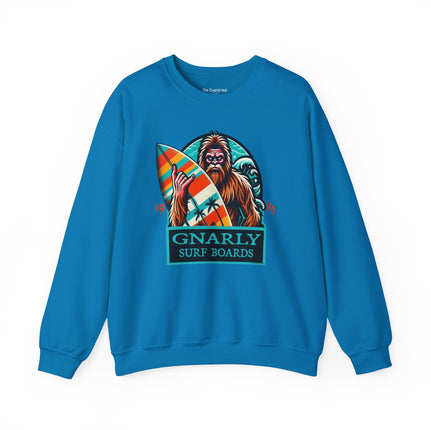 Bigfoot Surfing Sweatshirt – Quirky Outdoor Adventure Apparel for Cryptid Fans
