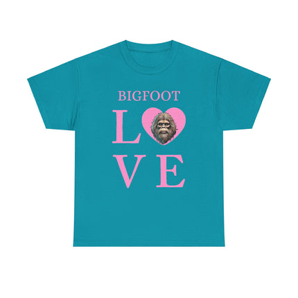 This tee features pink writing of the word "bigfoot" and under the word is the letter L then a heart with bigfoots face, and then V and E. This tee is aqua