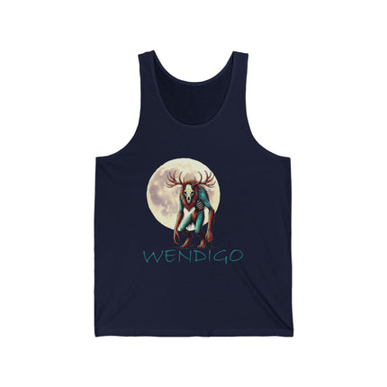 on this tank top, the wendigo is standing in front of a full moon. Navy. The word "Wendigo" is in teal.