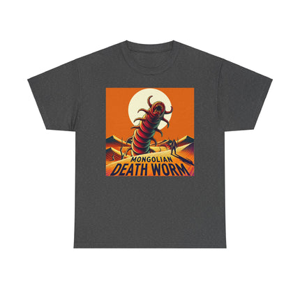 Mongolian death worm coming up from the sand in front of the sun all in orange tones. T-shirt is gray