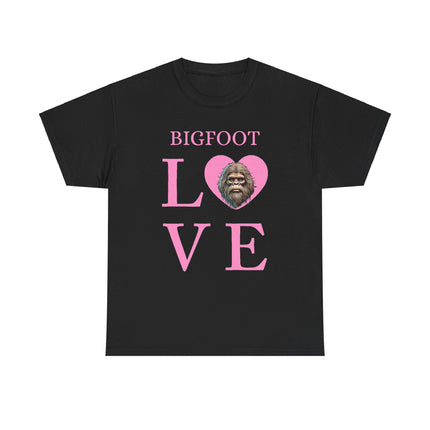 This tee features pink writing of the word "bigfoot" and under the word is the letter L then a heart with bigfoots face, and then V and E. This tee is black