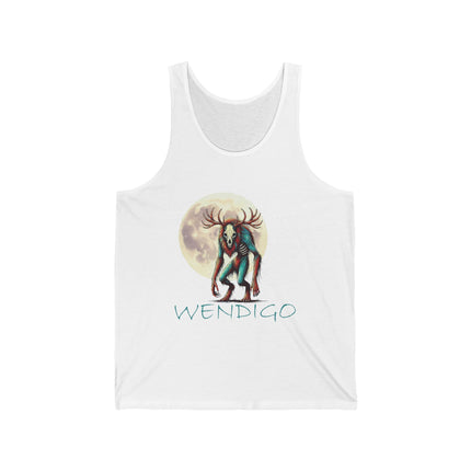 on this tank top, the wendigo is standing in front of a full moon. White. The word "Wendigo" is in teal. 