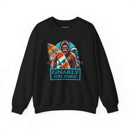 Bigfoot Surfing Sweatshirt – Quirky Outdoor Adventure Apparel for Cryptid Fans