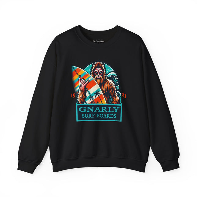 Bigfoot Surfing Sweatshirt – Quirky Outdoor Adventure Apparel for Cryptid Fans