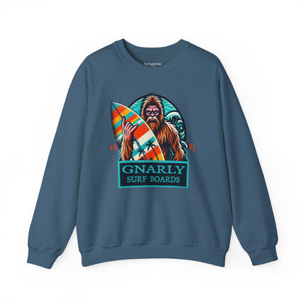 Bigfoot Surfing Sweatshirt – Quirky Outdoor Adventure Apparel for Cryptid Fans