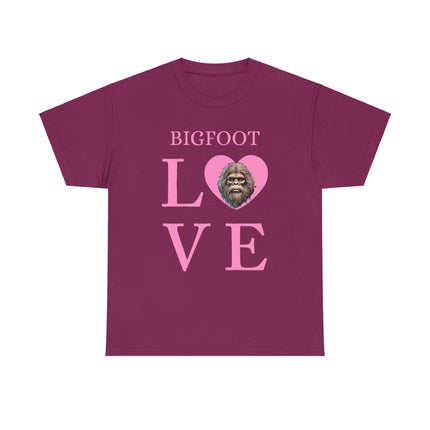 This tee features pink writing of the word "bigfoot" and under the word is the letter L then a heart with bigfoots face, and then V and E. This tee is maroon