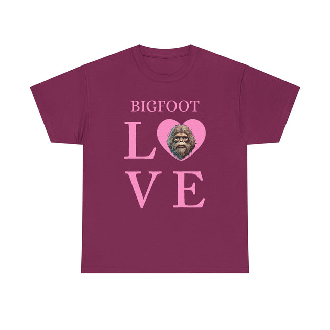 This tee features pink writing of the word "bigfoot" and under the word is the letter L then a heart with bigfoots face, and then V and E. This tee is maroon