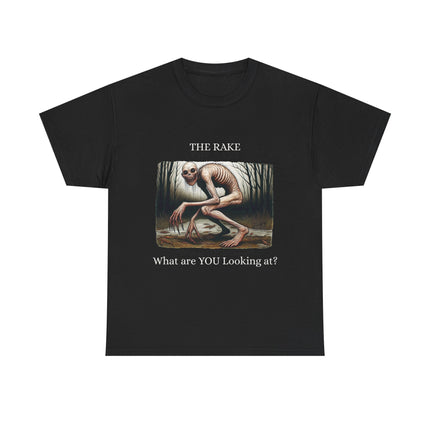 This black unisex graphic tee features the cryptid "the rake" in a hunched over position looking at the viewer and asking "What are YOU looking at?" 