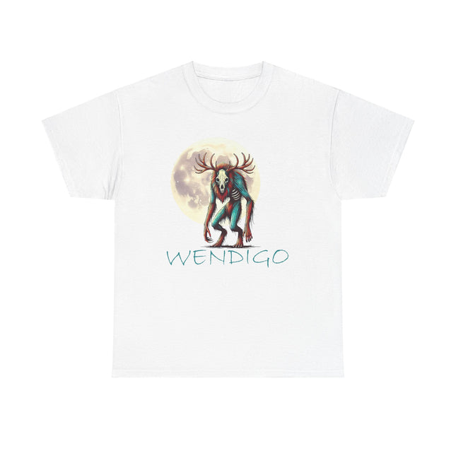 The Wendigo standing in front of, and to the side of, the moon. The word Wendigo is underneath him and is a teal color which matches the teal color in him. This shirts color is white