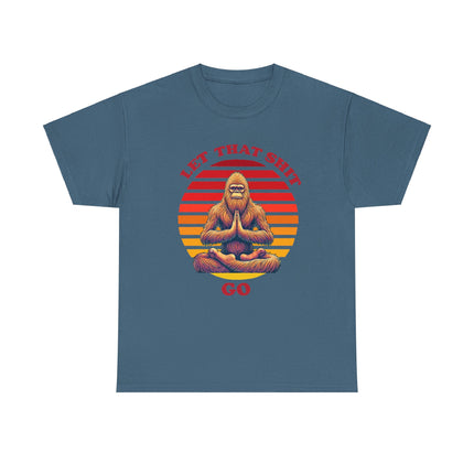 This tee depicts bigfoot sitting in front of a broken up circle in which the parts of the circle are in different shades of red, orange and yellow. The words "Let That Shit Go" is written in the same shade as the top part of the circle. This tee is blue-gray